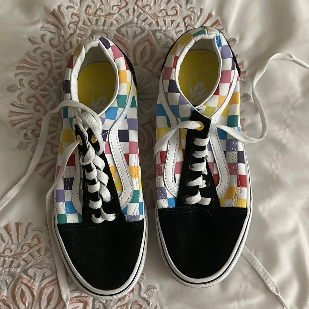 Women’s multicolored checkered Vans (never worn)